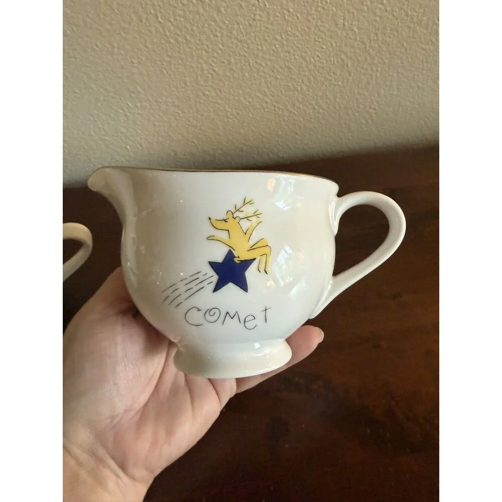 Pottery Barn REINDEER Sugar Bowl & Creamer Set Cupid Comet Christmas Holiday EUC